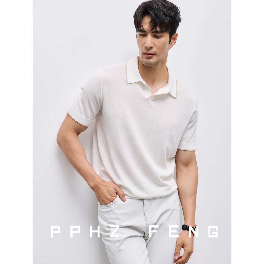 升级透气薄款疏孔 棉罗纹菠萝针织v翻领海鸥短袖POLO衫男