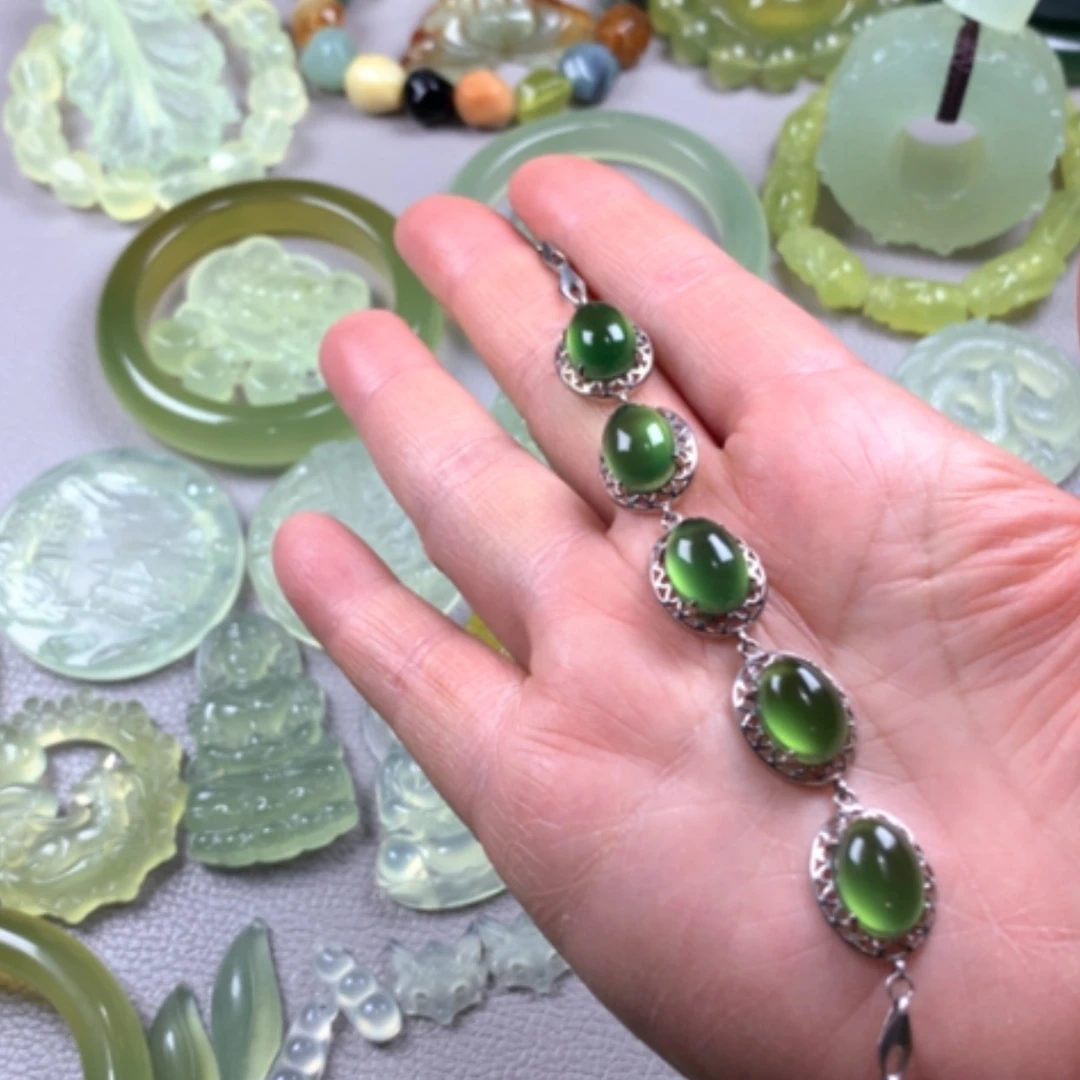 【闪购商品】银S925镀金镶嵌蛇纹石玉2025新款岫玉