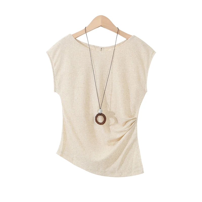 【常蓝北】夏季新款女百搭时尚显瘦高级休闲设计款压褶收腰T恤