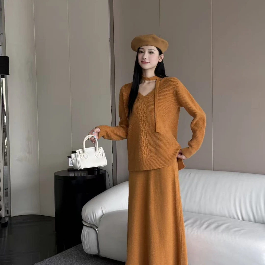 法式仙女范时尚毛衣套装女秋冬新款显瘦飘带上衣针织半身裙三件套