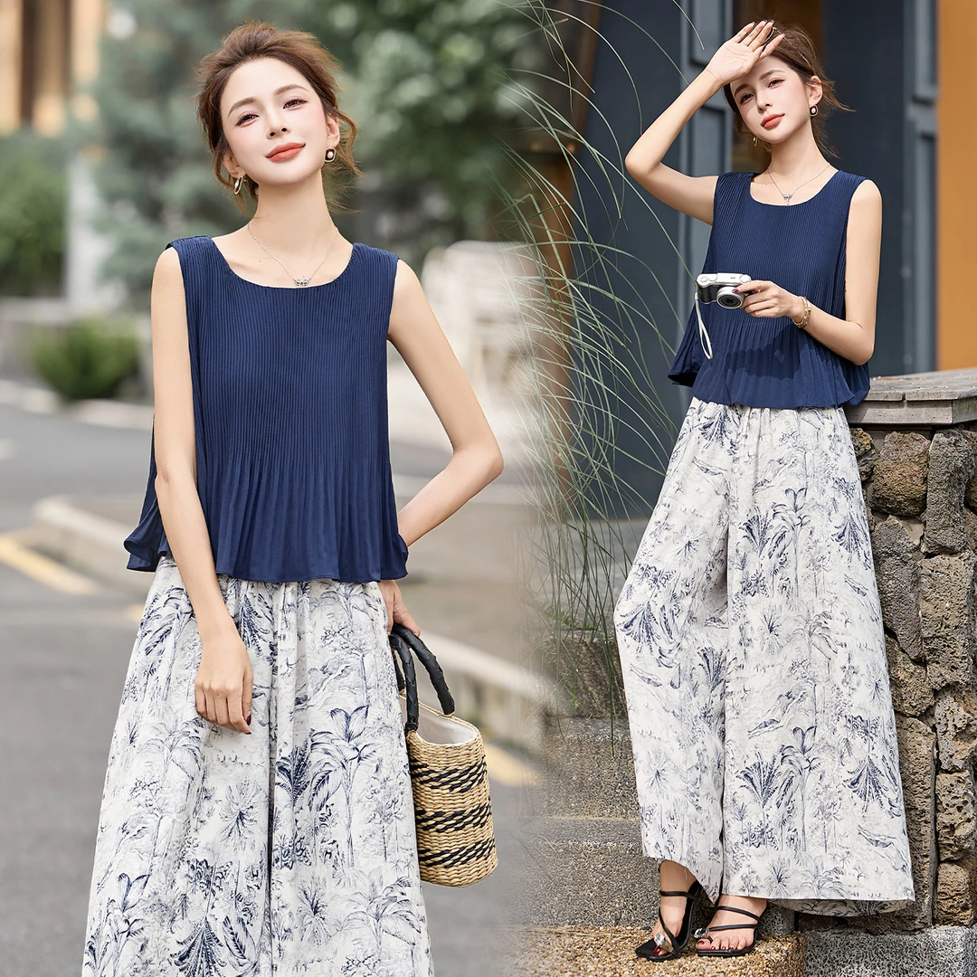 休闲时尚复古印花无袖套装女2025夏季新款慵懒风薄款阔腿裤两件套
