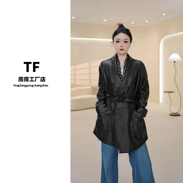 房房-2385 气质女士绵羊皮衣西装领设计师中长款时尚长袖外套