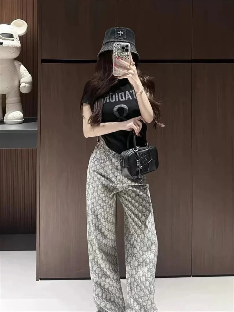 设计感提花满印休闲裤女夏季2025新款高腰显瘦时尚气质百搭牛仔裤