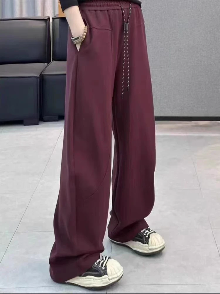 直筒裤子小个子运动高腰2024休闲弯刀春秋季卫裤红色阔腿长女新款