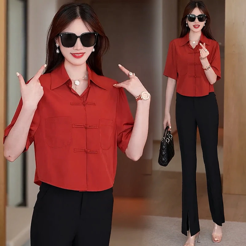 时尚气质衬衫女2025夏季新款宽松洋气中国风半袖遮肚盘扣衬衣上衣