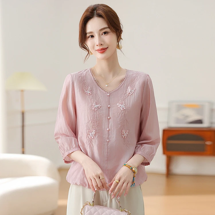 妈妈夏季七分袖小衫薄款中年女装洋气上衣刺绣气质打底衬衫夏装