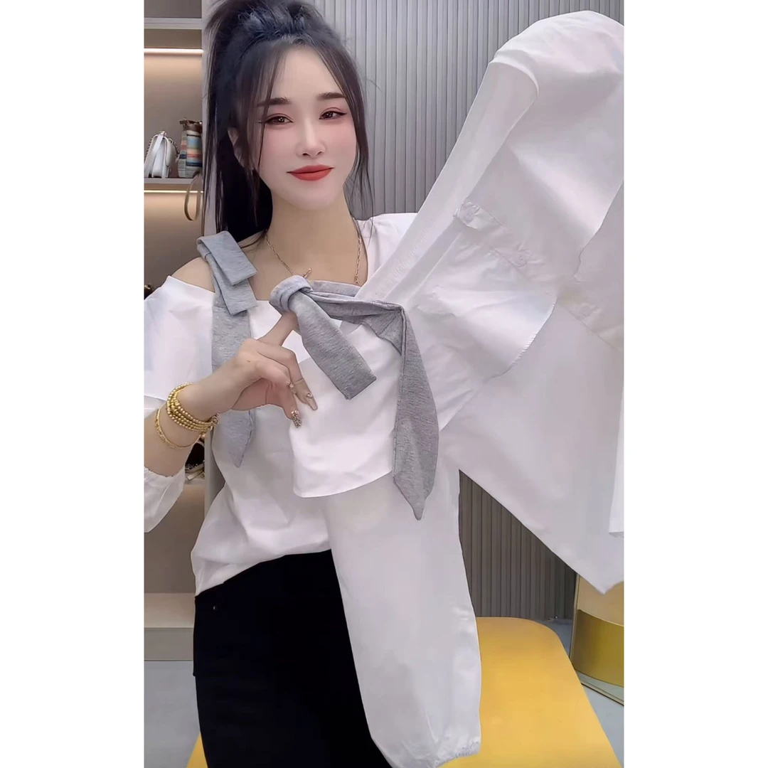 今年流行穿搭2025早秋新款温柔风荷叶边短款衬衫赫本风长袖上衣