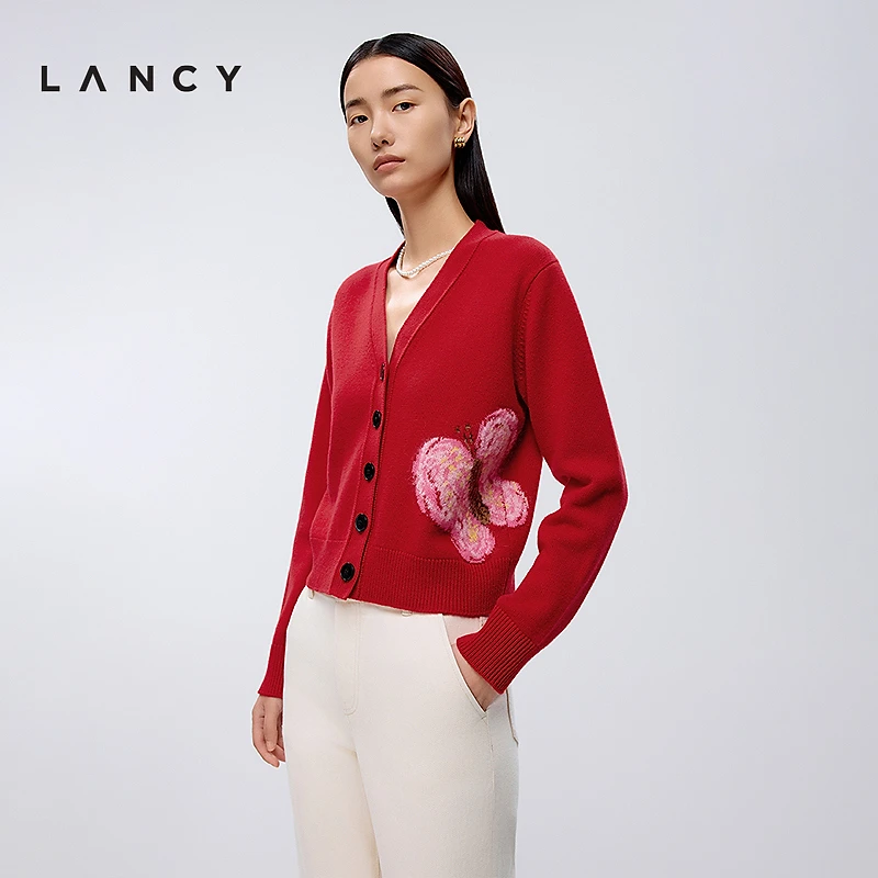 【新年系列】LANCY/朗姿2025春新款蝴蝶印花V领中国红针织开衫女