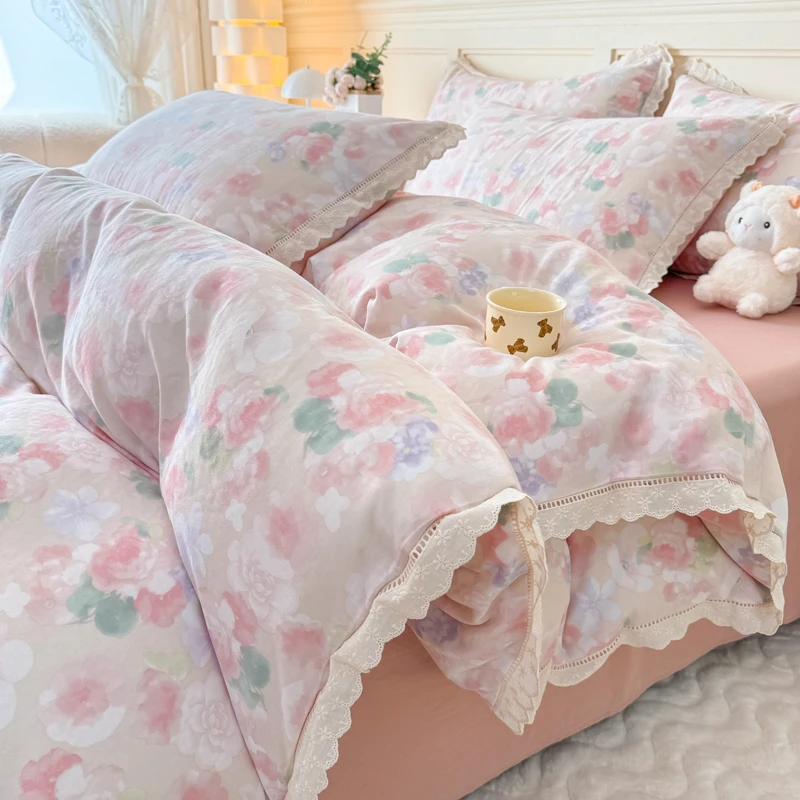 奢华床品韩系皱皱纱纯棉双层纱四件套全棉印花床单柔软温暖被套