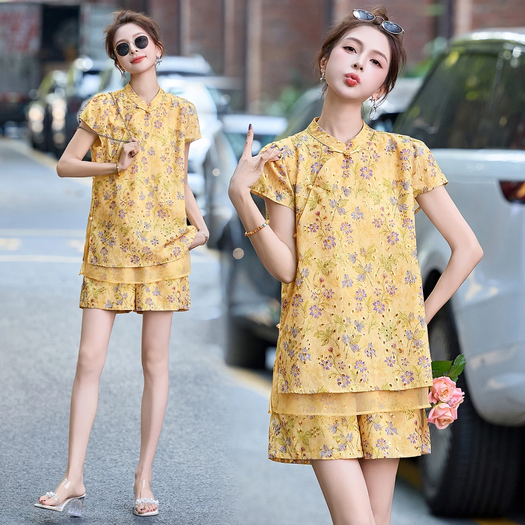 新中式国风复古旗袍套装女夏款今年流行小个子遮肉显瘦短裤两件套