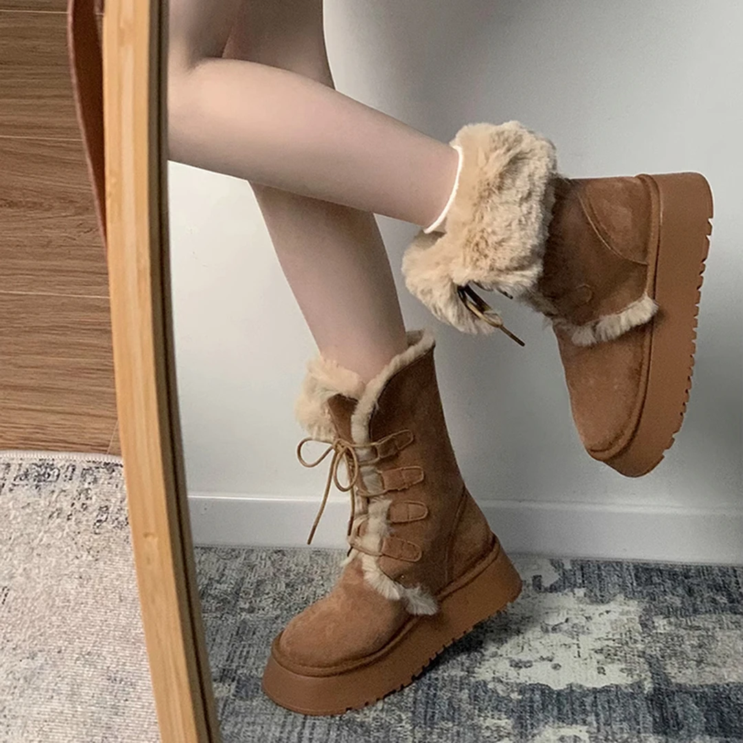 厚底雪地靴女款2025新款冬季复古加绒毛毛棉鞋系带两穿中筒棉靴子