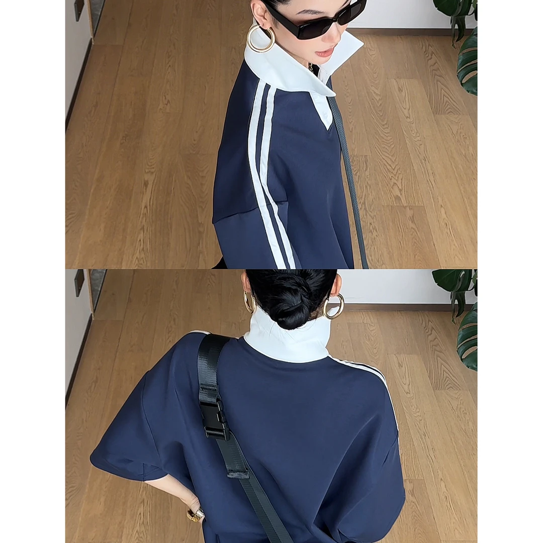 【美式撞色】宽松休闲条纹撞色POLO衫短袖＋学院风拼接a字压褶短裙女