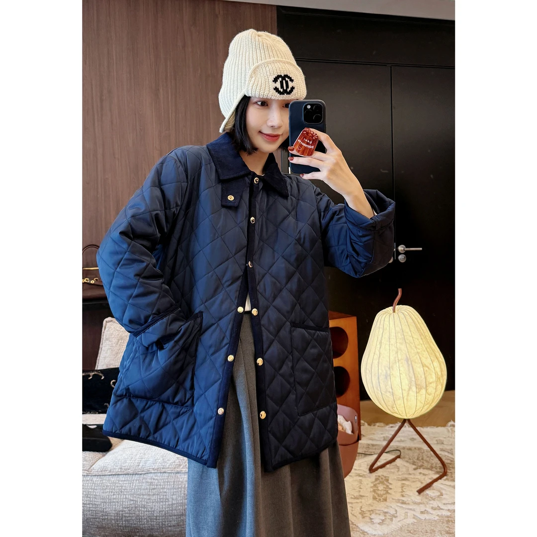 【唐悠悠】绗棉藏青菱格棉服外套女一手长棉服