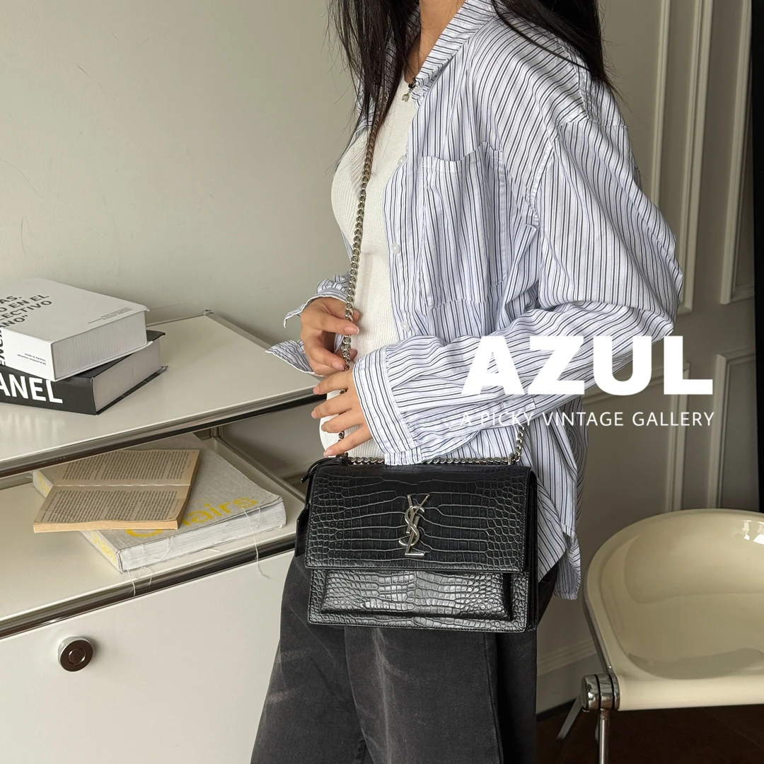 95新 YSL/圣罗兰 Azul-黑银牛鳄压Sunset 日落中号单肩包/41147