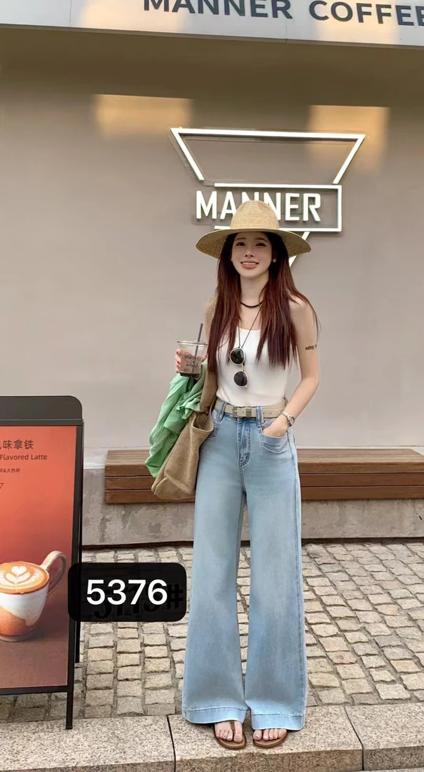 5376款夏季设计感口袋款浅蓝长款牛仔裤
