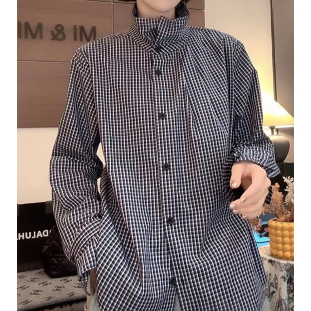 米米服饰原创设计感百搭小众时尚设计格子花苞衬衣