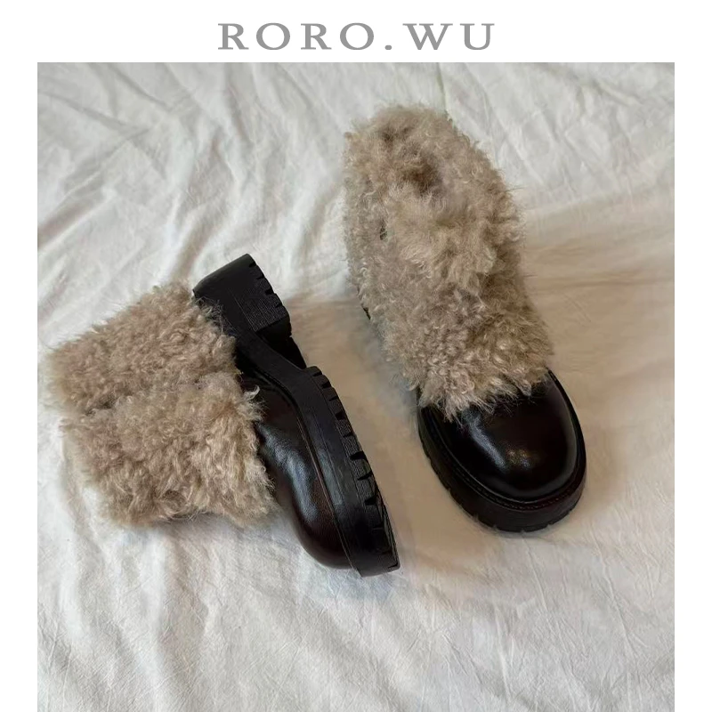 娆娆吴·羊皮复古加绒保暖圆头毛毛短靴冬季新款粗跟时装靴女L01