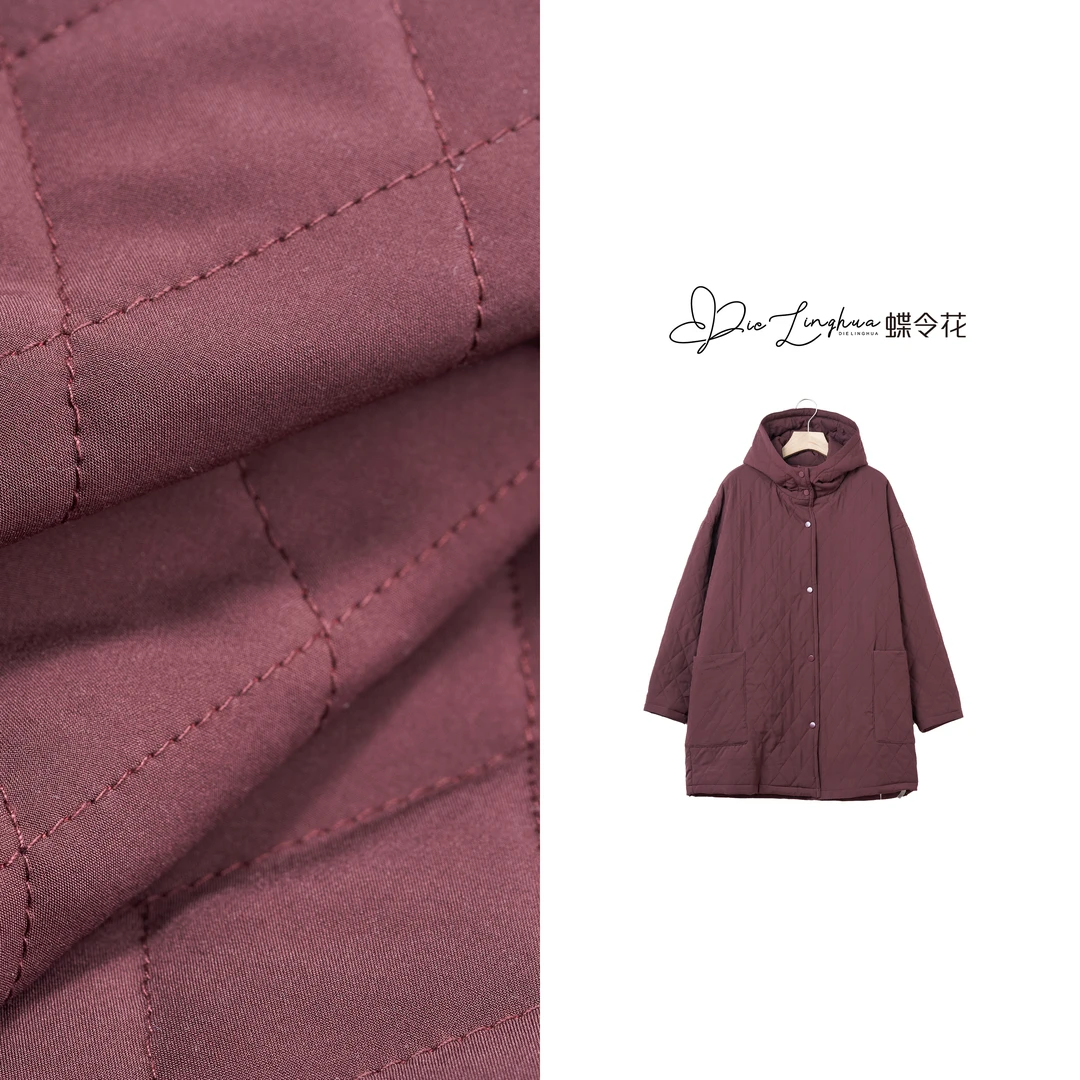 蝶令花冬季纯色舒适保暖菱形格带帽中长款棉服JH-241214