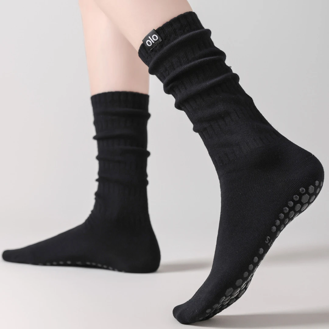长筒堆堆瑜伽袜专业防滑普拉提小腿袜皱褶叠穿健身运动舞蹈地板袜
