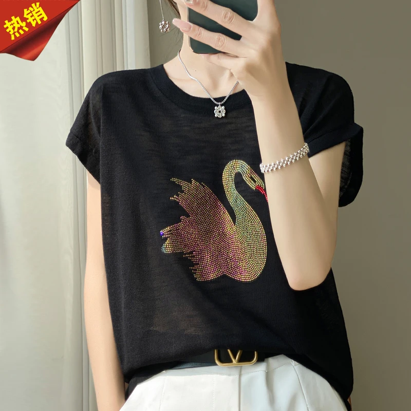 哥弟阿玛施正品夏季时尚圆领纯棉针织短袖t恤女烫钻宽松百搭打底