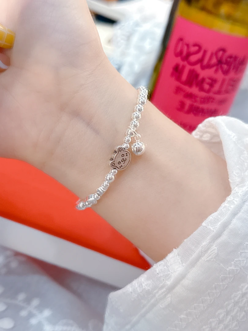 足银手链 足银999饼干熊铃铛滴流光洙手工纯银制作新品