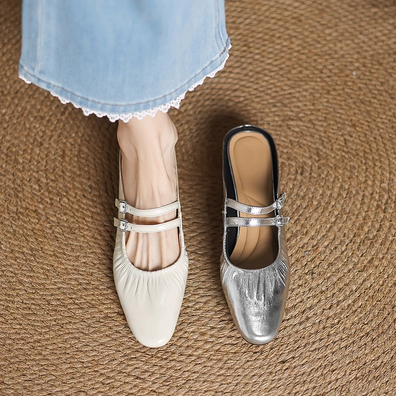 3.5cm  夏季新款包头粗跟半托法式复古真皮外穿拖鞋百搭休闲凉拖