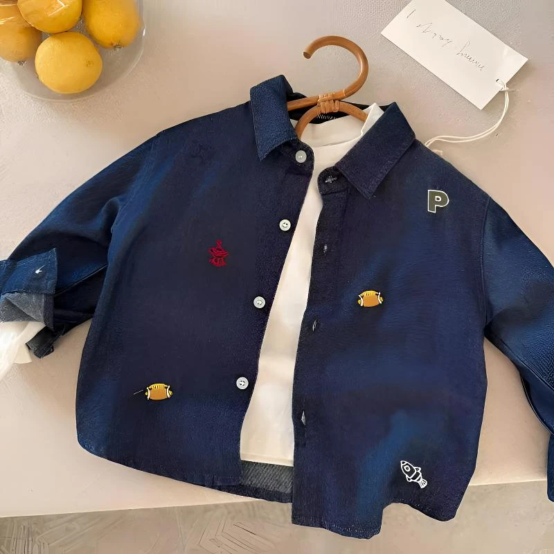 儿童牛仔衬衫男童2025春秋新款衬衣外套宝宝卡通刺绣休闲上衣洋气