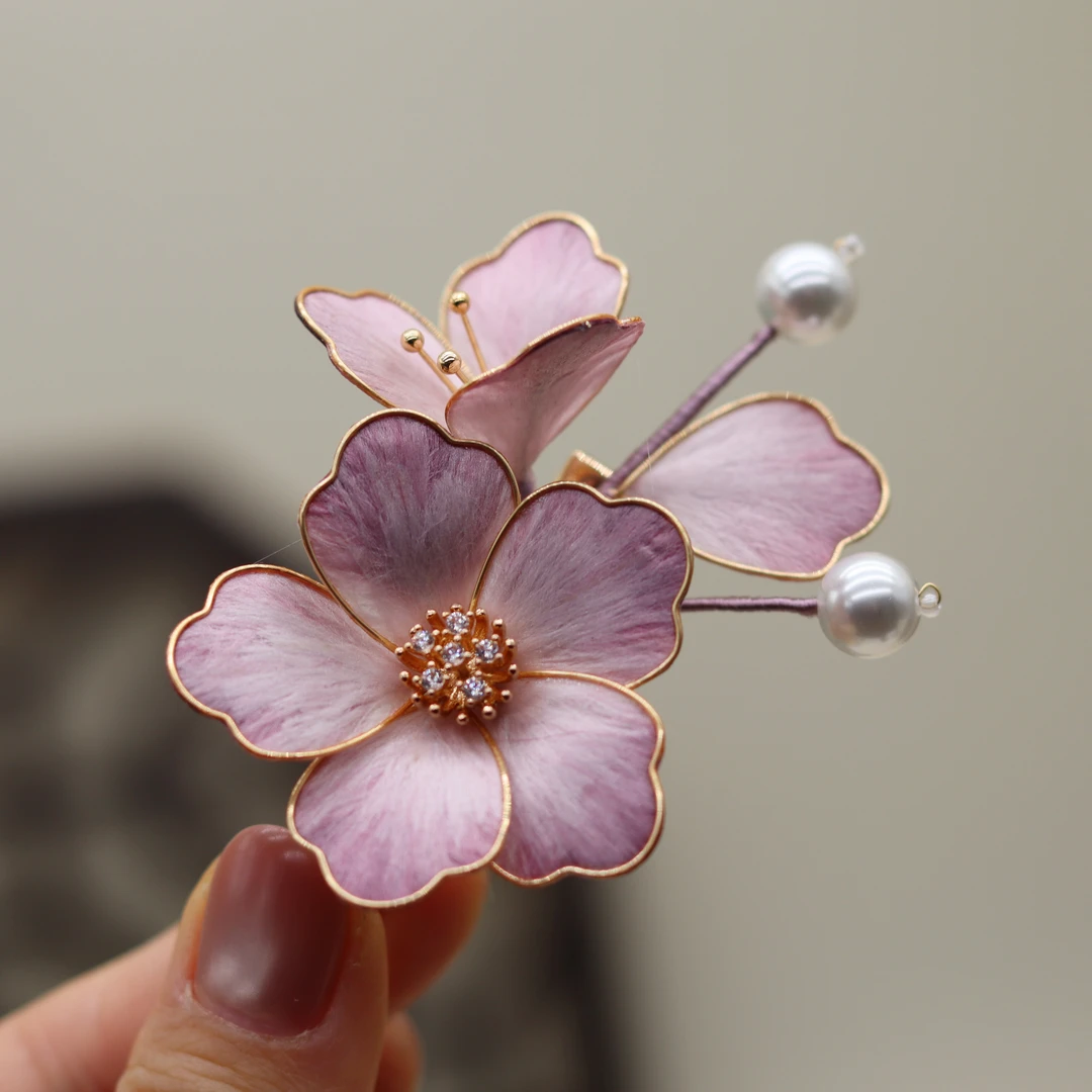 粉紫色夹子蚕丝绒花非遗掐丝绒花头饰发饰发夹