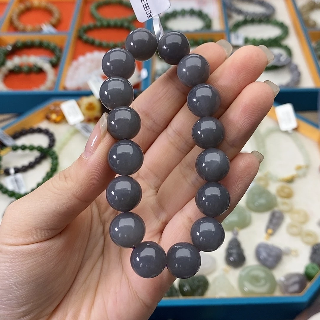 和田玉未镶嵌手链w34浓烟紫12mm