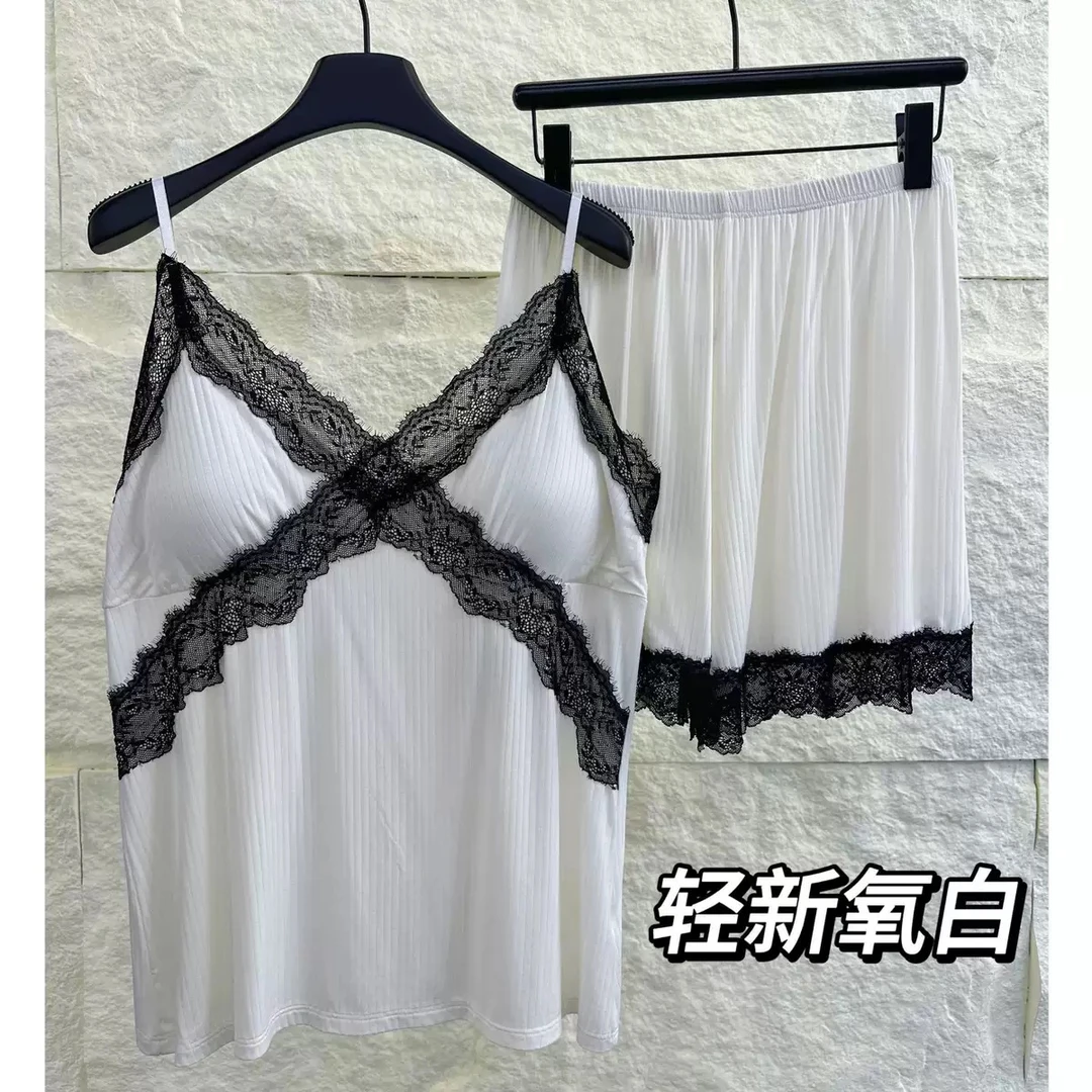 吊带睡衣女夏季性感蕾丝花边短裤套装纯色家居服带胸垫