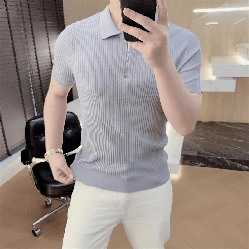 2025欧货轻奢男士针织冰丝短袖T恤夏季纯色POLO衫休闲百搭上衣潮