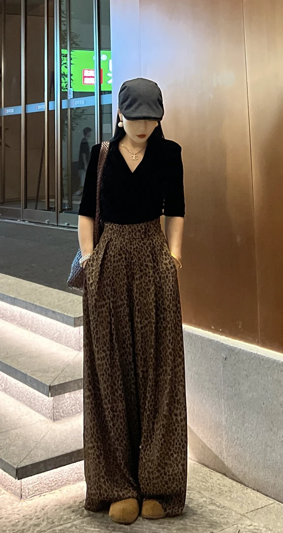 豹纹款气场十足魔术贴显瘦拖地长裤