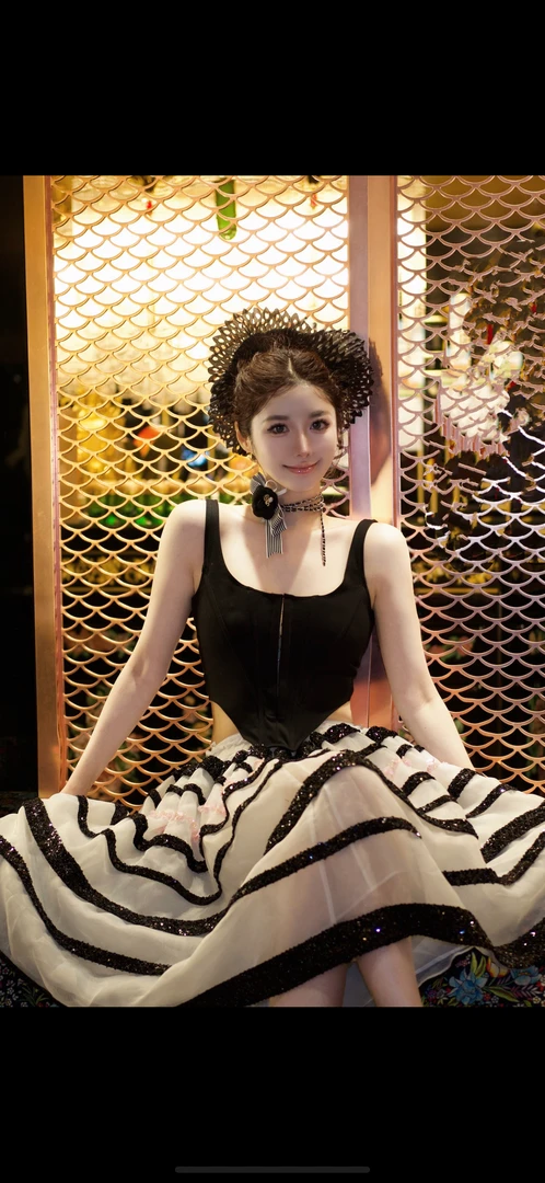 尼斯海岛透明欧根纱黑粉亮片大摆蓬蓬裙伞裙