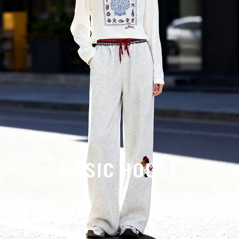 Basic House/百家好秋直筒窄版阔腿休闲撞色刺绣长裤-B0625B5HPB2