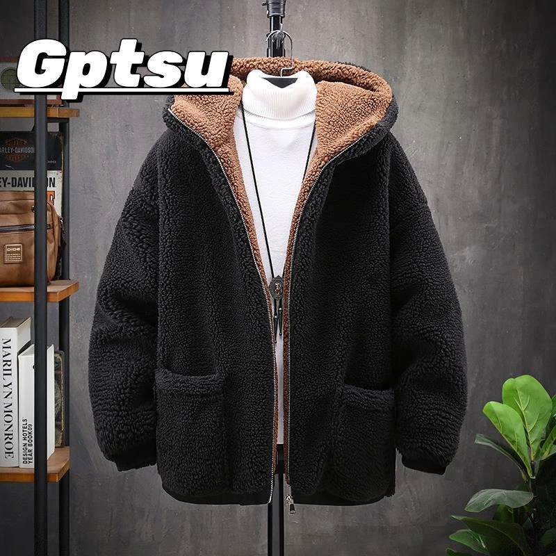 GPTSu男士冬季加厚保暖羊羔绒连帽外套青少年学生潮流保暖棉衣男