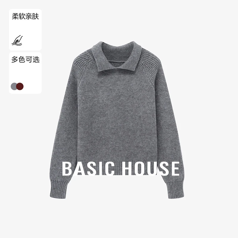Basic House/百家好休闲百搭翻领套头简约长袖毛衣-B06245I5542