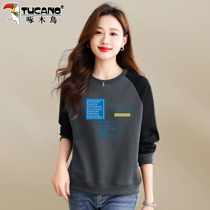 【官方】啄木鸟女士卫衣春秋薄款新款小个子洋气减龄宽松圆领上衣