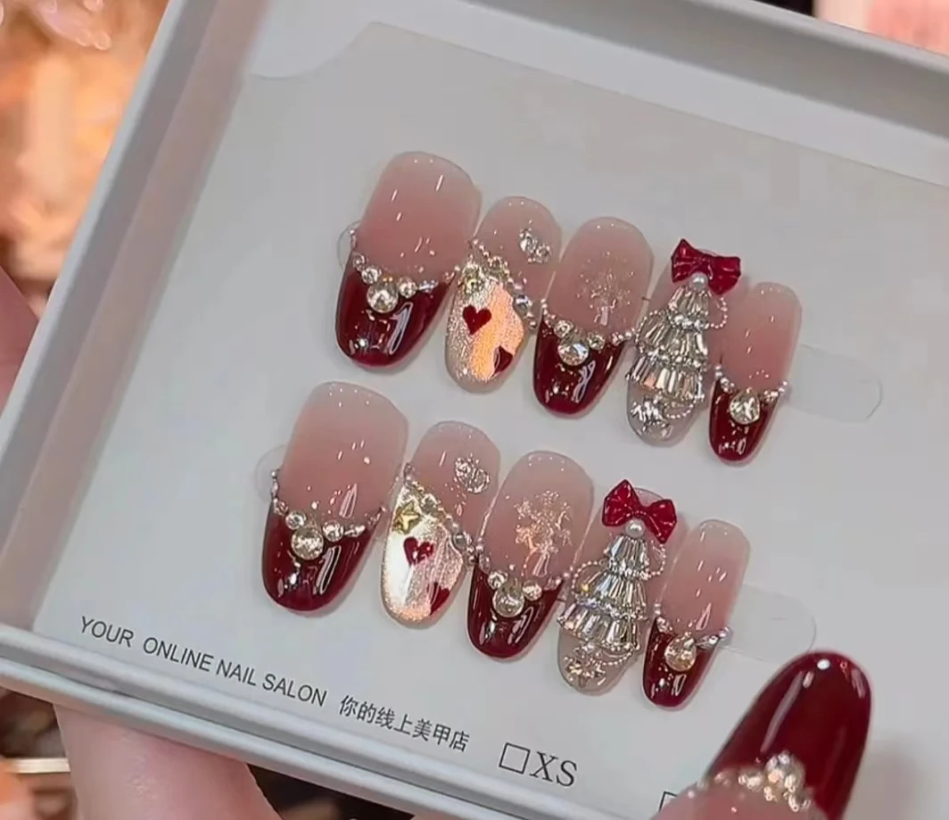 【圣诞树】纯手工显白猫眼秋冬新款多巴胺美甲美甲穿戴短款甲片