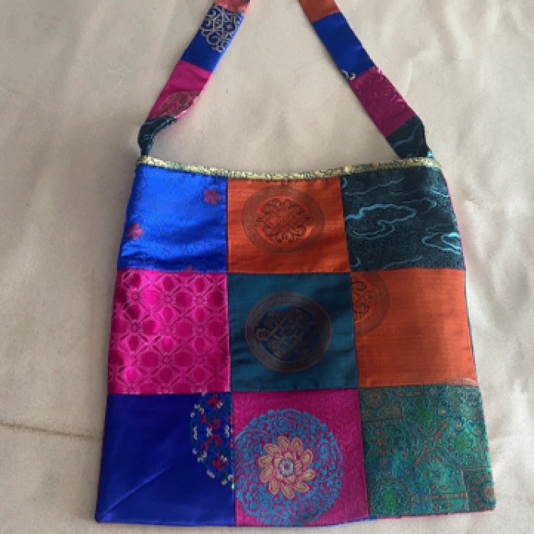 民族风格时尚防水棉麻双层家用加厚隔热休闲包包手工蓝色印花布艺