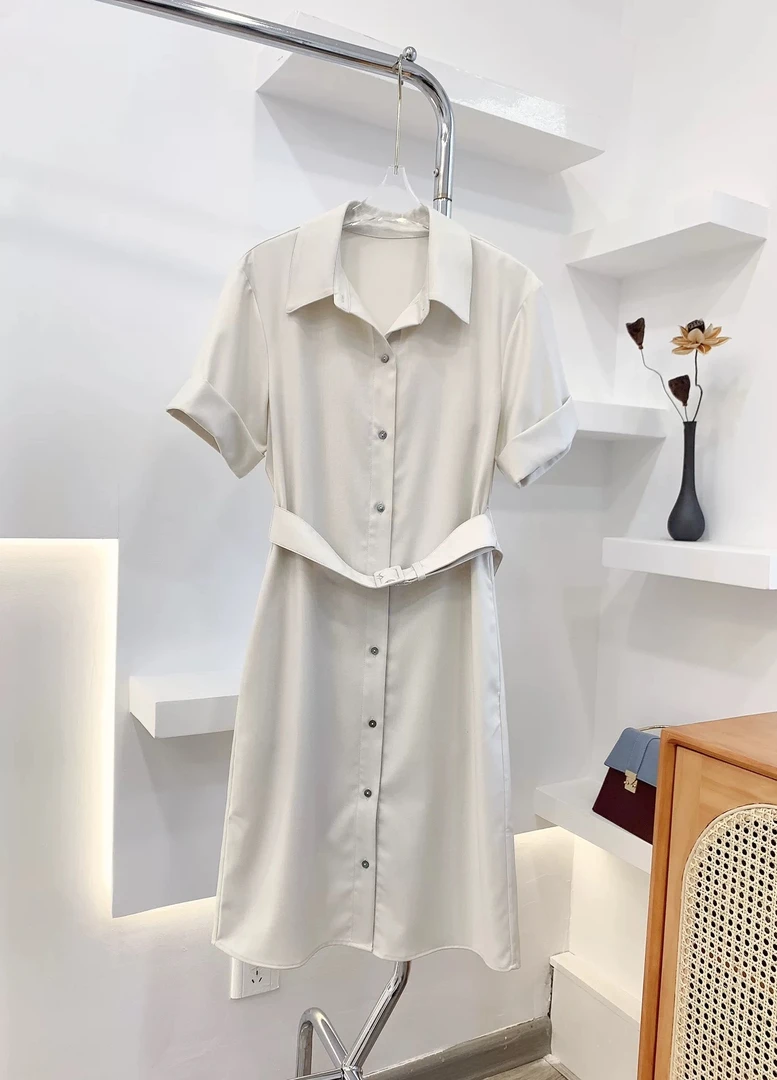 C011百搭气质中长裙韩版女装夏季女士金属扣收腰连衣裙