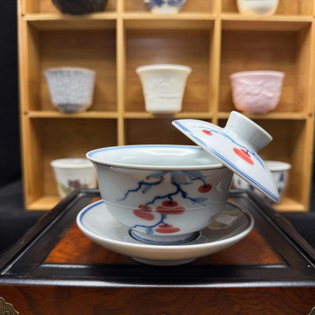 青花釉里红纯手工手绘釉下彩满绘柿柿如意三才盖碗功夫茶具0371