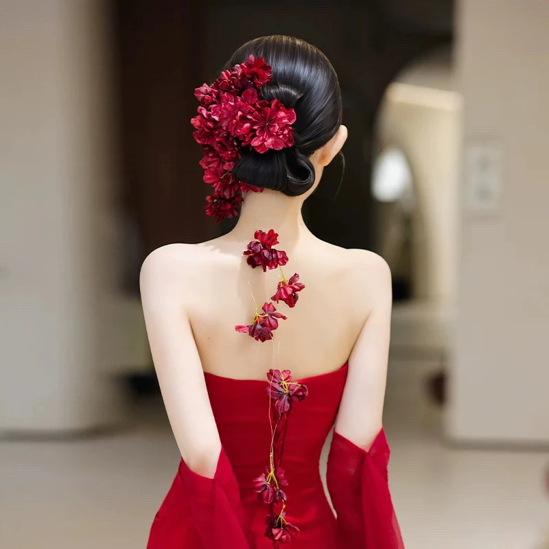 SG345新中式新娘晨袍仿真复古红色花朵订婚迎客减龄古典礼服配饰