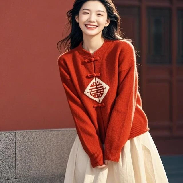 今年流行漂亮高级感超好看小个子新中式国风红色立领盘扣毛衣女春