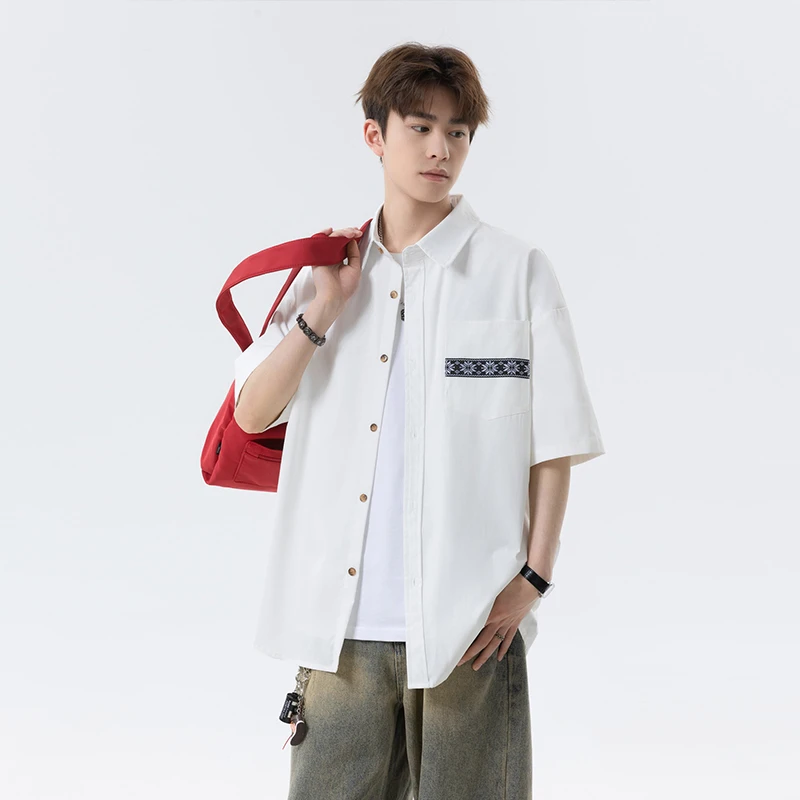 美式潮牌印花短袖衬衫男款夏季新款休闲复古百搭男生衬衣翻领港风