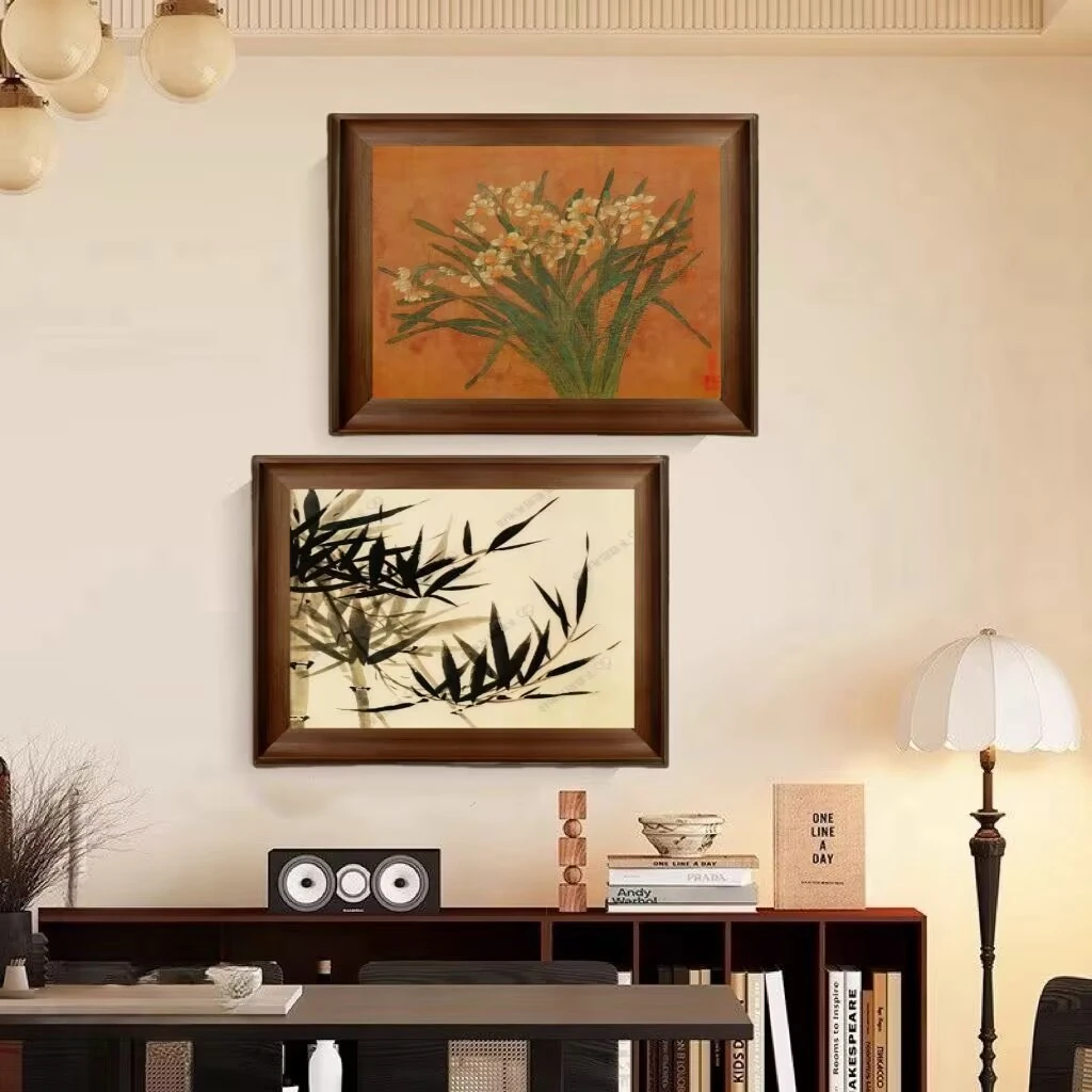 FR28中古风客厅装饰画美式复古沙发背景墙挂画大气感植物两联壁画