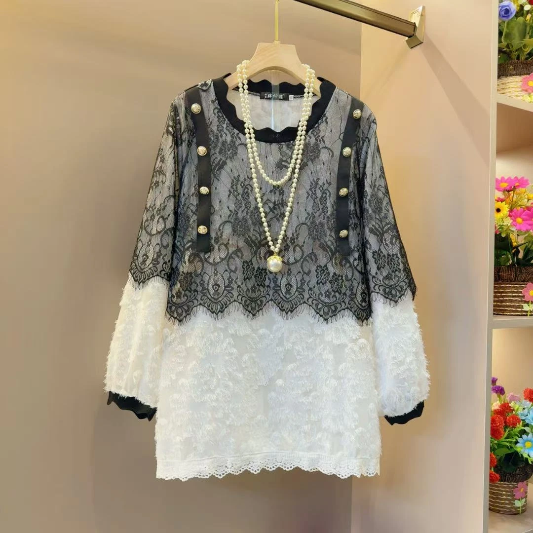 气质韩系拼接假两件宽松小衫衣长74左右洋气显瘦