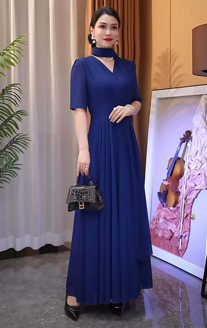 香衣丽华28D-深蓝夏季新款5分袖V领冰丽丝套头大摆连衣裙显瘦长裙