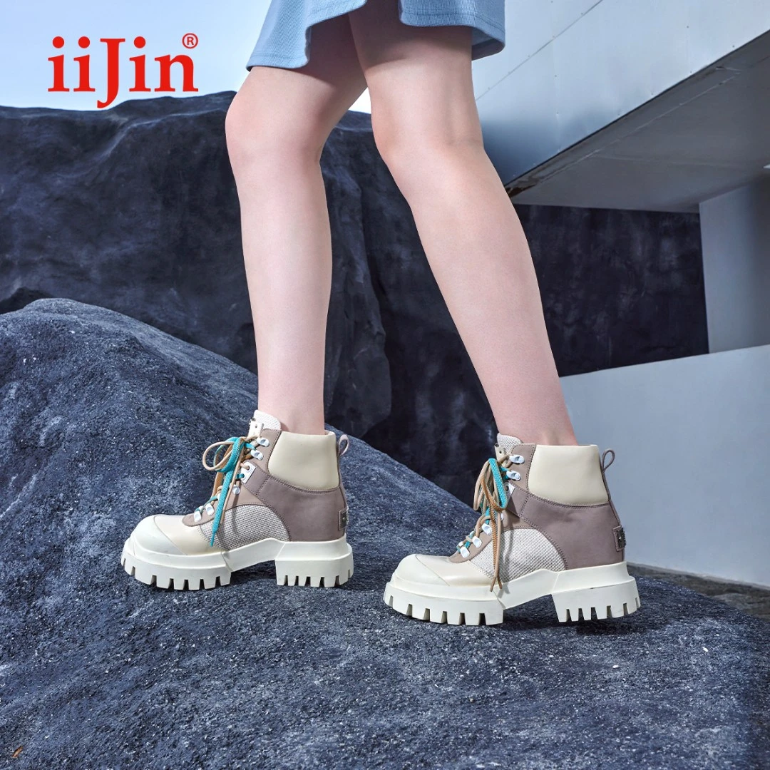 iiJin艾今官方9cm厚底内增高时尚彩色鞋带户外马丁短靴女YF326WZK