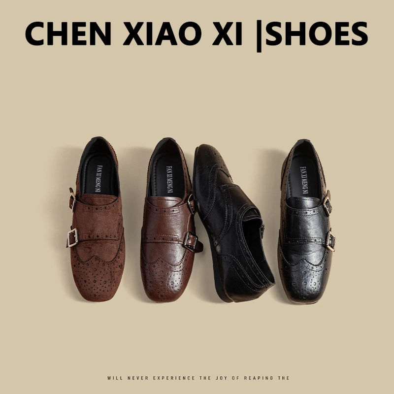 羊皮版~复古英伦风雕花小皮鞋黑色百搭皮带扣圆头一脚蹬乐福鞋女