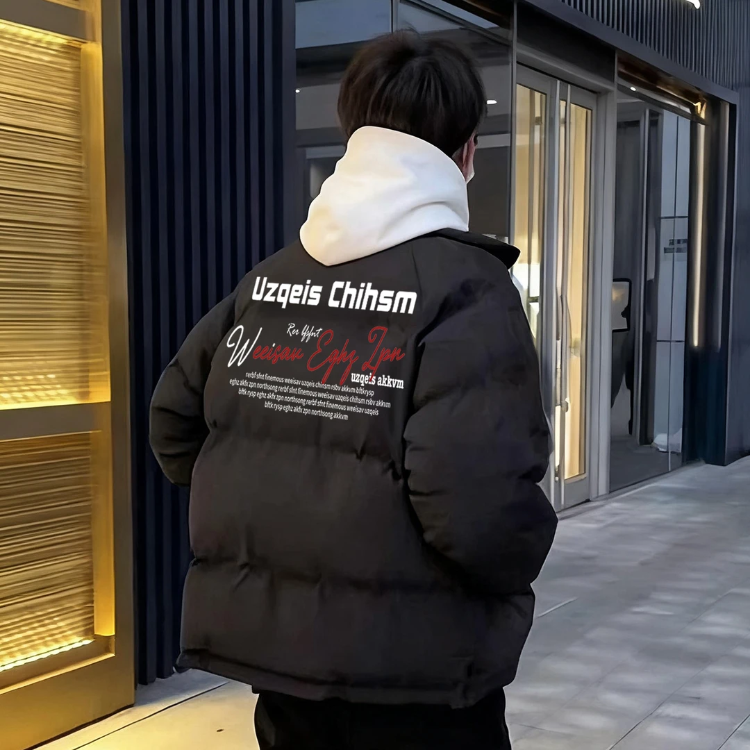 90白鸭绒美式新款立领面包羽绒服男印花轻薄保暖外套高街情侣冬季